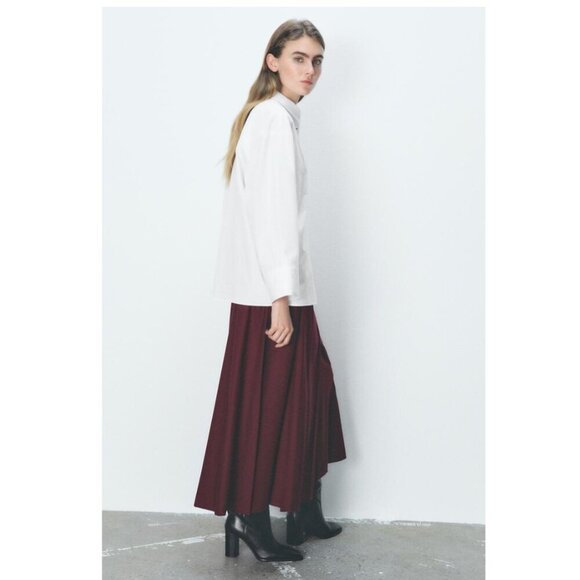 NEW Zara | High-waist Pleated Midi Skirt In Burgundy - Picture 3 of 11
